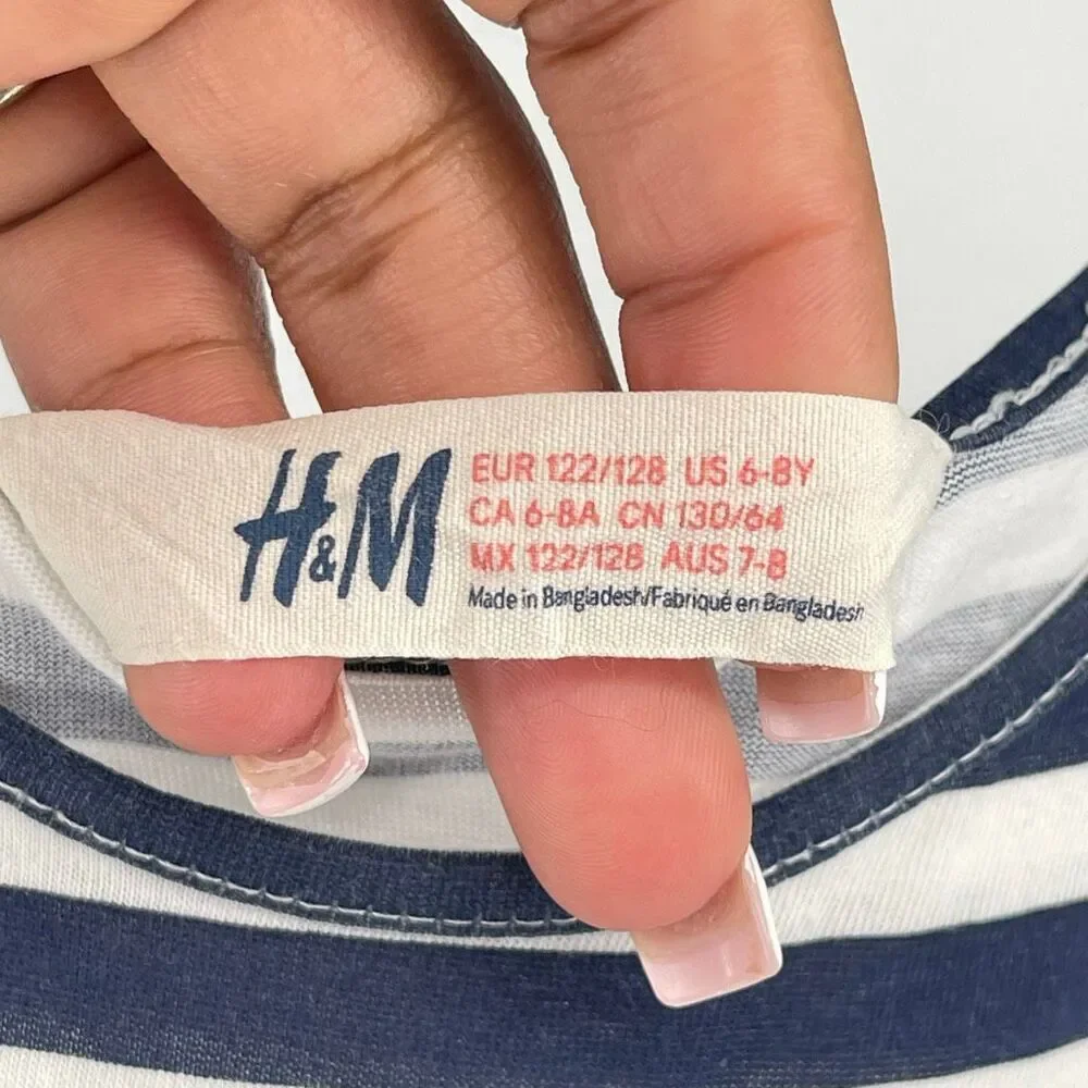 H&M Girls Striped Sleeveless Tank Dress 6-8Y Navy White Cotton Sundress